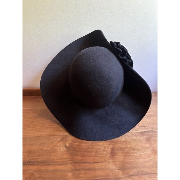 Scala Cummings & Good Black Wool Wide Brim Hat With Rose Detail - One Size